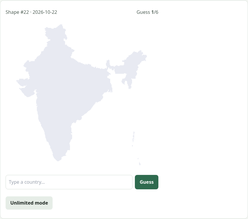 Country Shape game with a country outline and guess hints