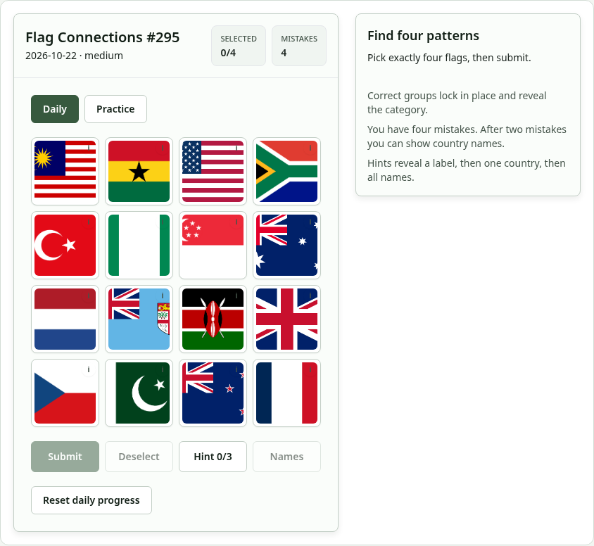 Flag Connections board with sixteen flags