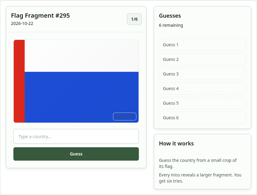 Flag Fragment game showing a cropped flag and the guess box