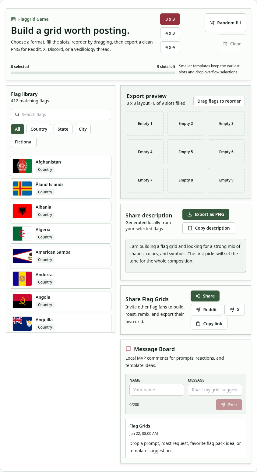 Flag Grid Maker interface with a 3 by 3 flag grid