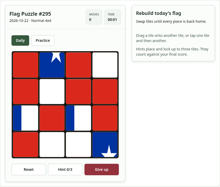 Flag Puzzle board with scrambled flag tiles
